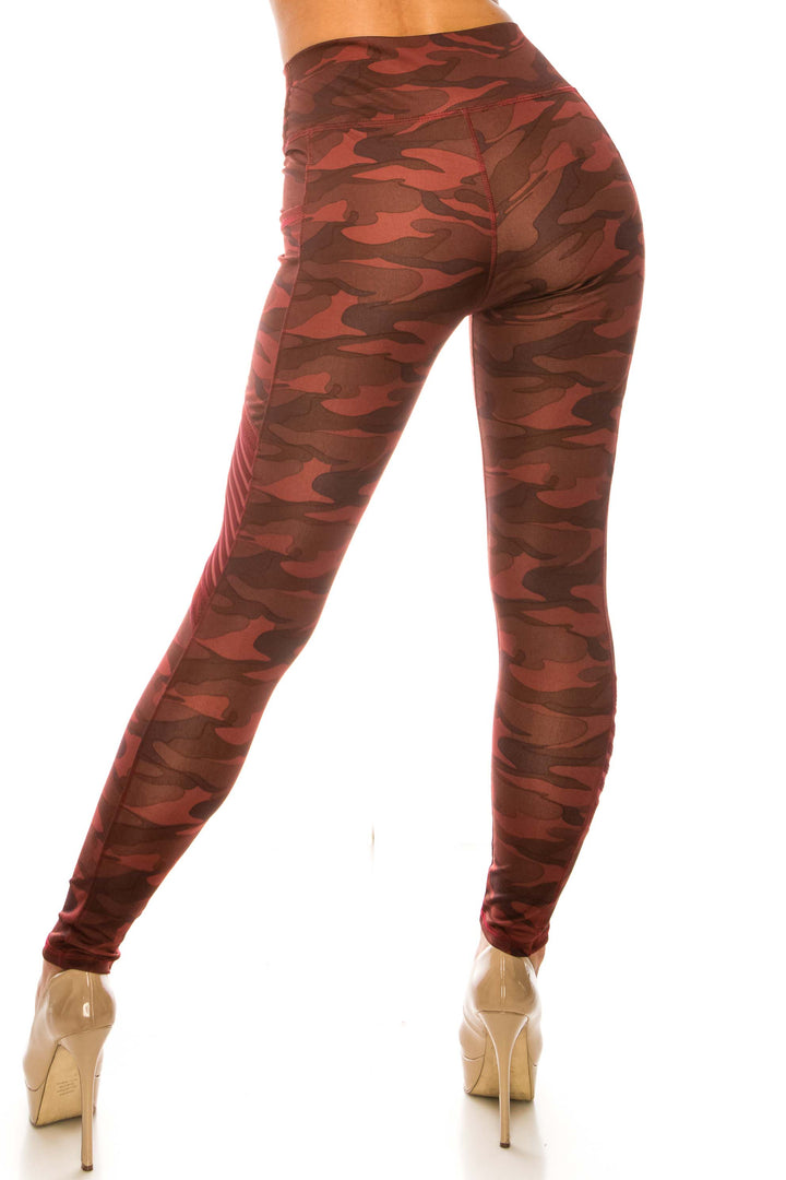 Wholesale Burgundy Camouflage Serrated Mesh High Waisted Sport Leggings