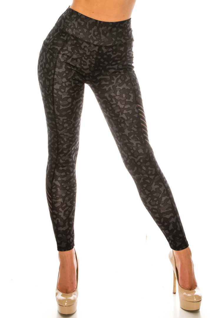 Wholesale Black Leopard Serrated Mesh High Waisted Sport Leggings