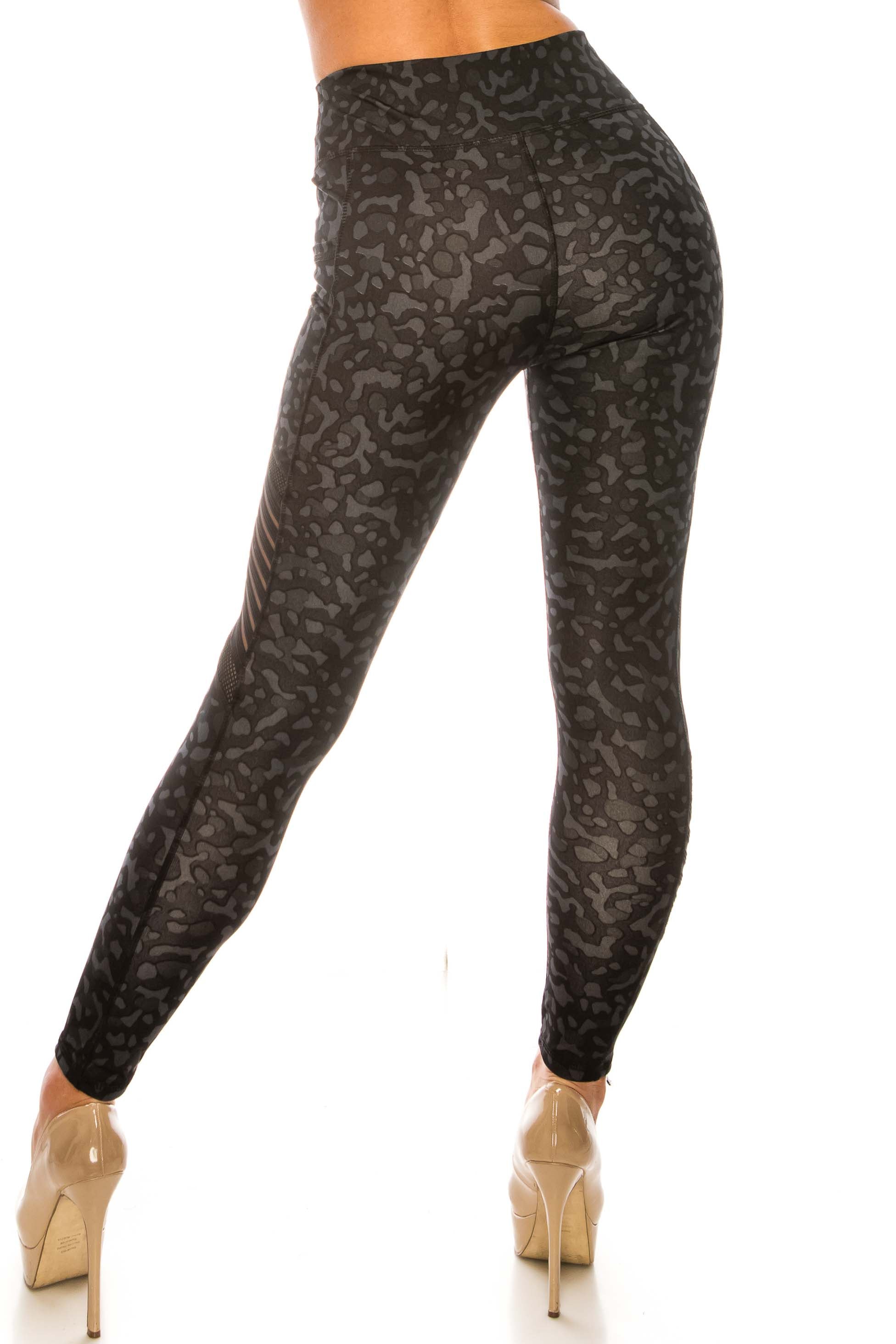 Wholesale Black Leopard Serrated Mesh High Waisted Sport Leggings