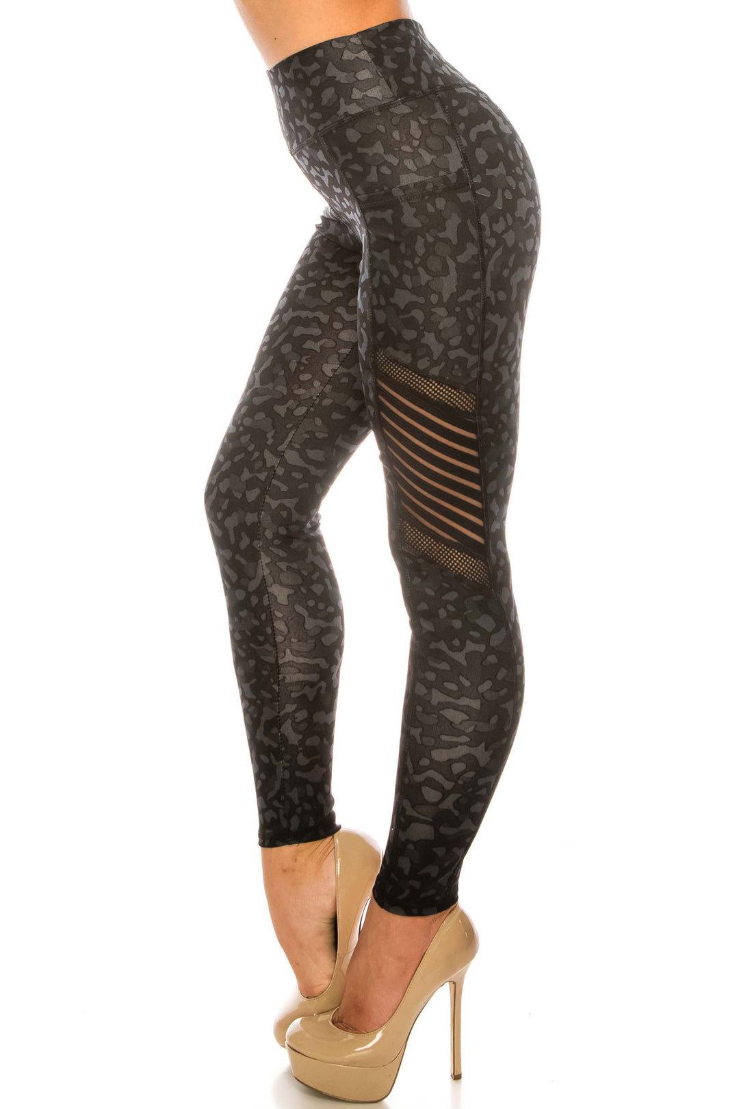 Wholesale Black Leopard Serrated Mesh High Waisted Sport Leggings