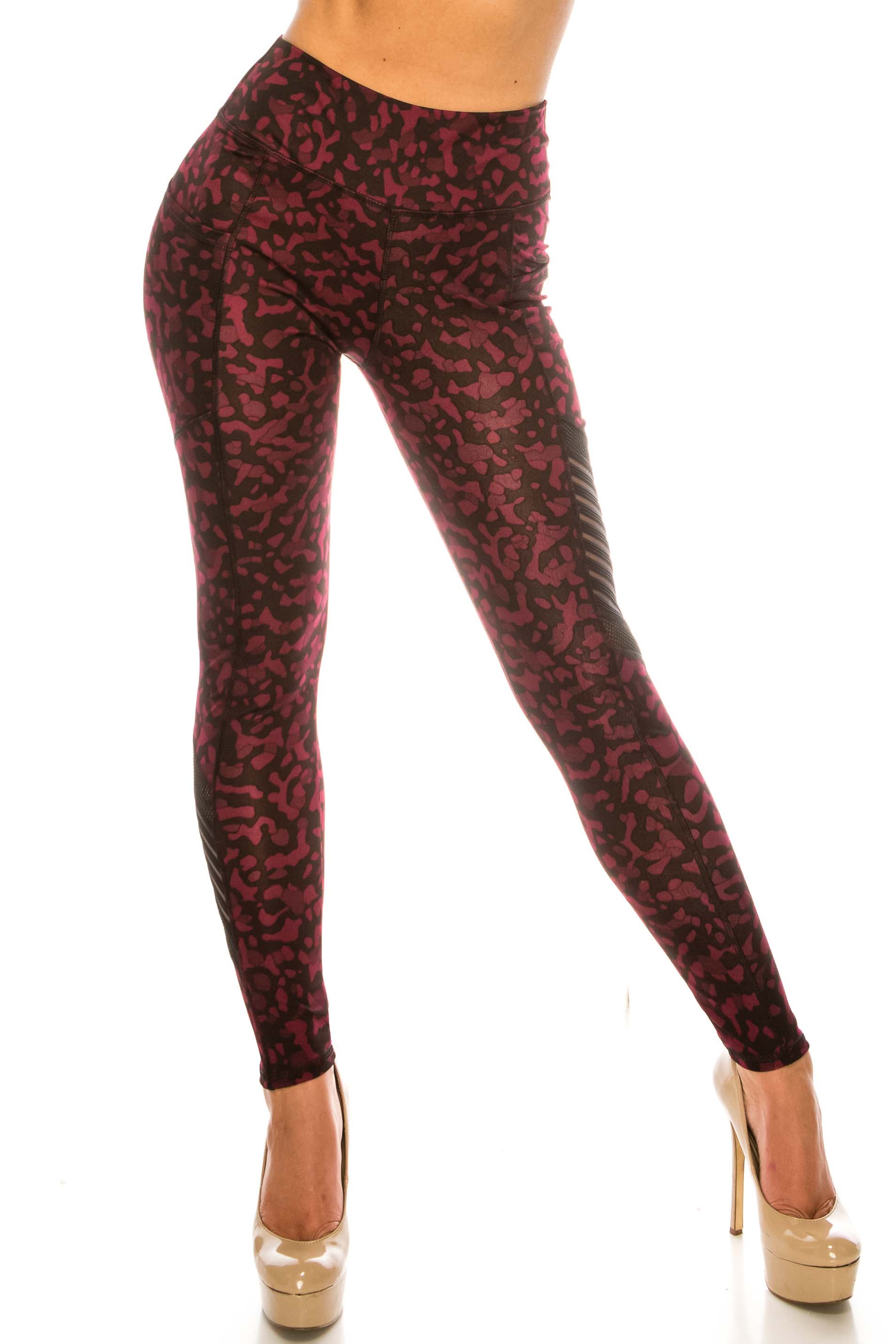 Wholesale Burgundy Leopard Serrated Mesh High Waisted Sport Leggings