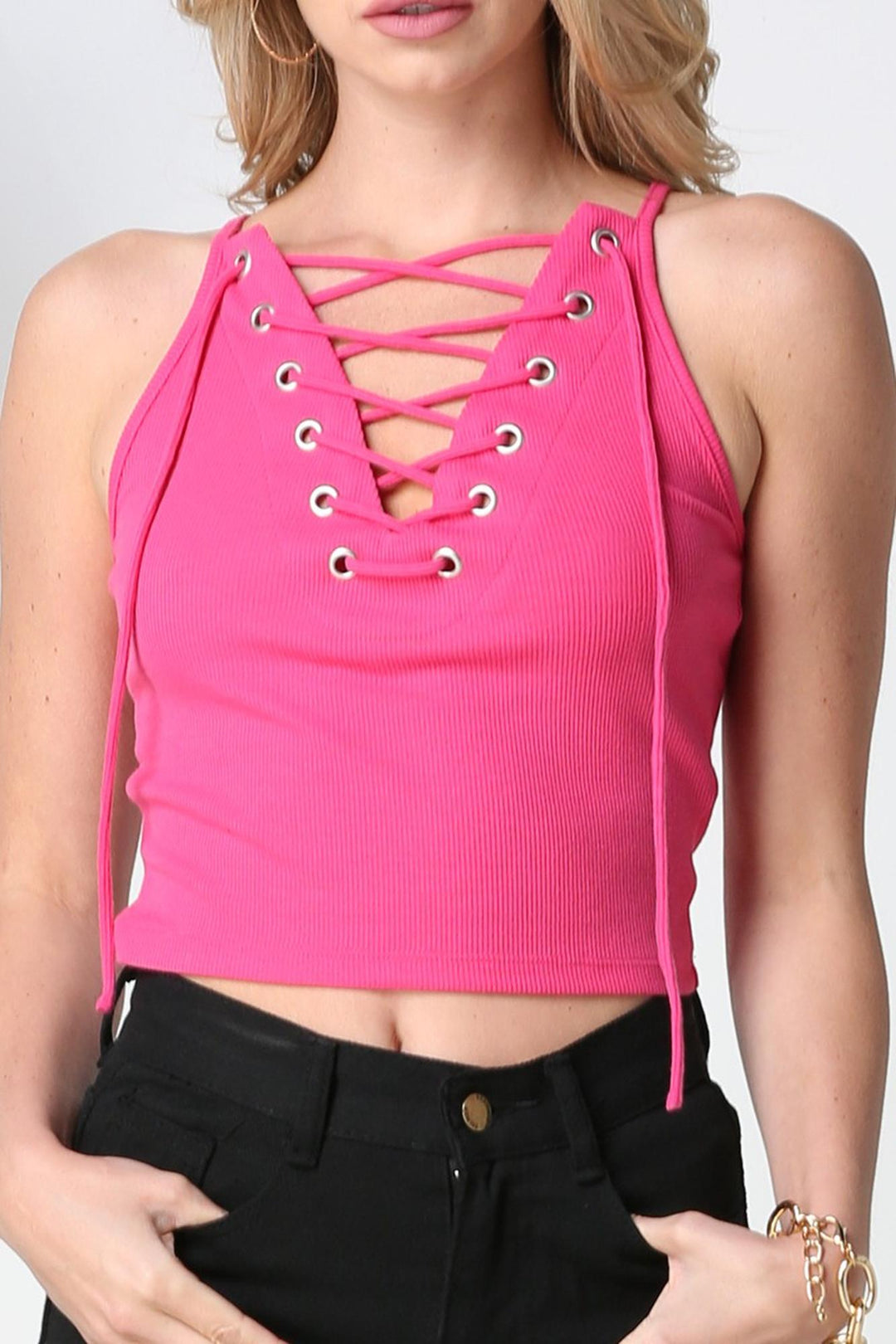 Wholesale Lace Up Drawstring Ribbed Crop Top