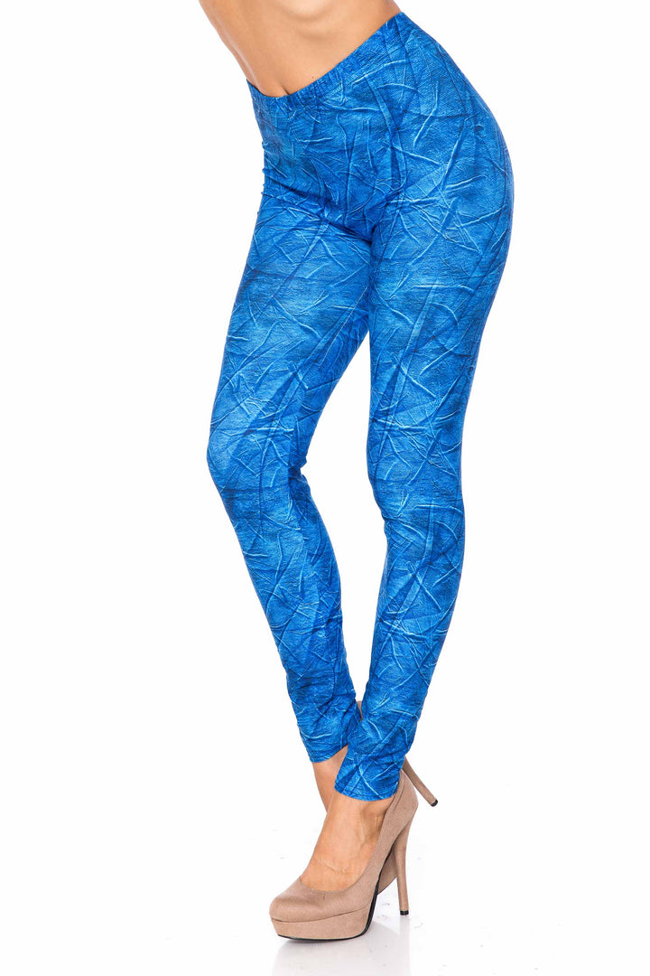 Wholesale Creamy Soft Blue Wrinkled Denim Leggings - USA Fashion