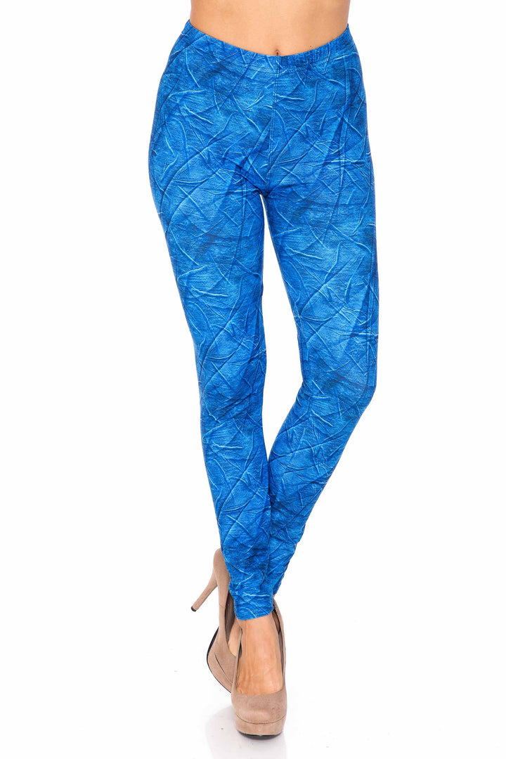 Wholesale Creamy Soft Blue Wrinkled Denim Leggings - USA Fashion