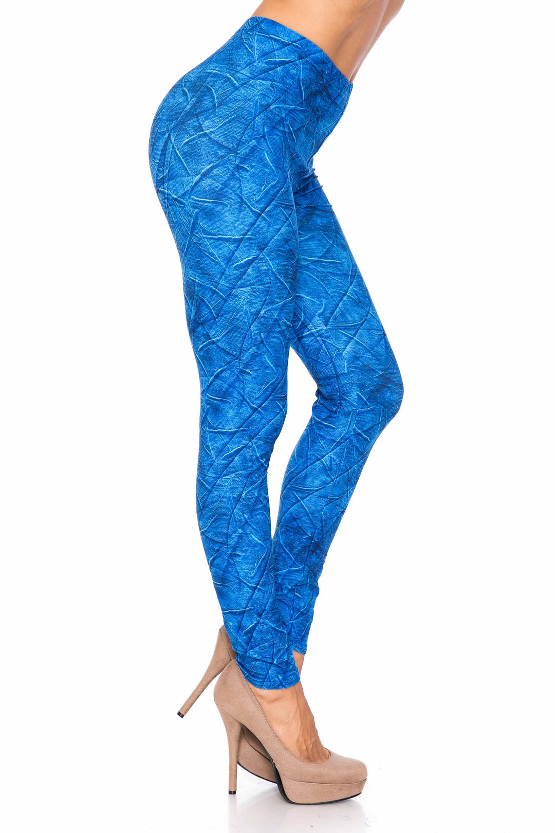Wholesale Creamy Soft Blue Wrinkled Denim Leggings - USA Fashion