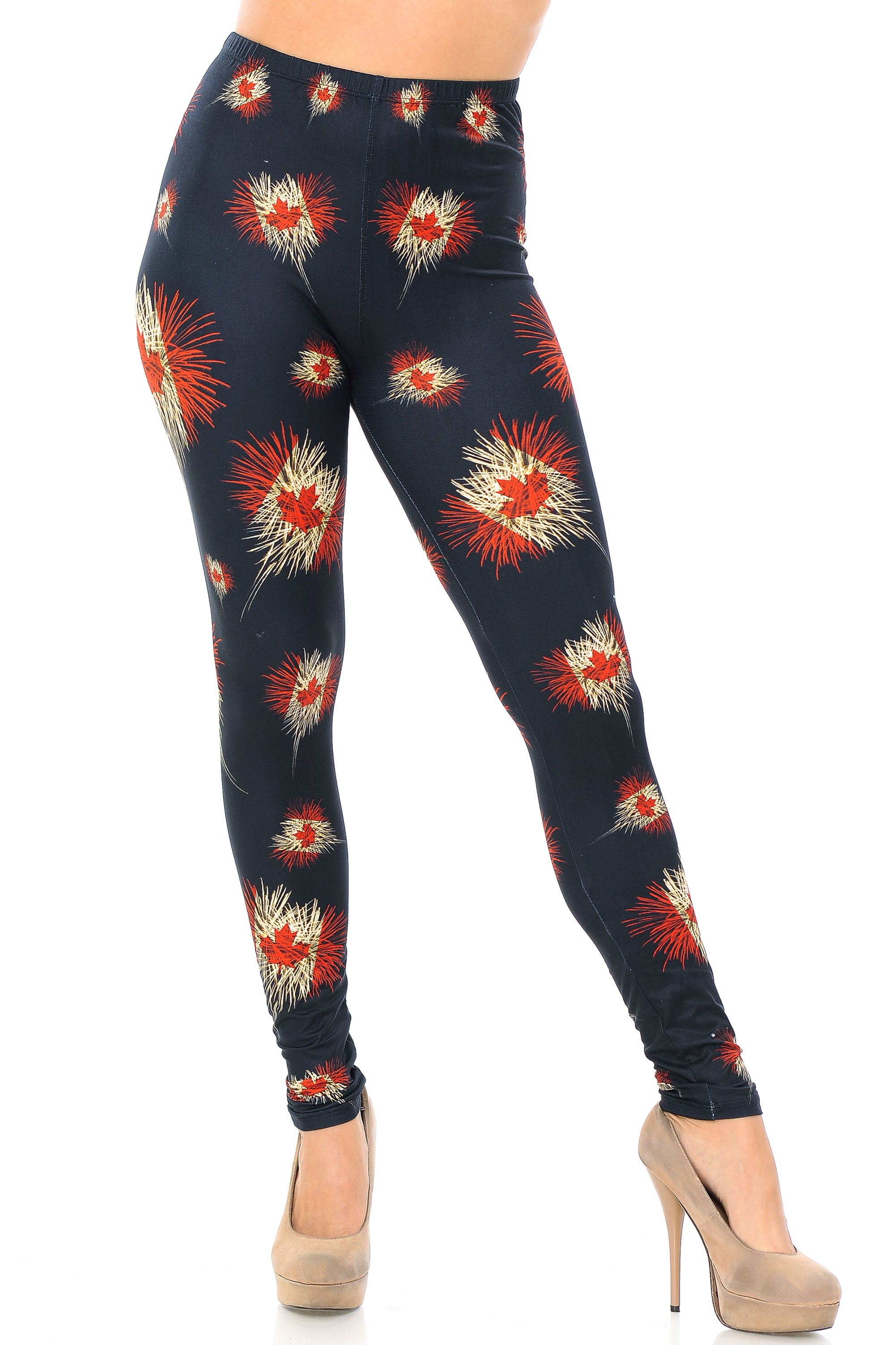 Wholesale Creamy Soft Canadian Flag Fireworks Leggings - USA Fashion