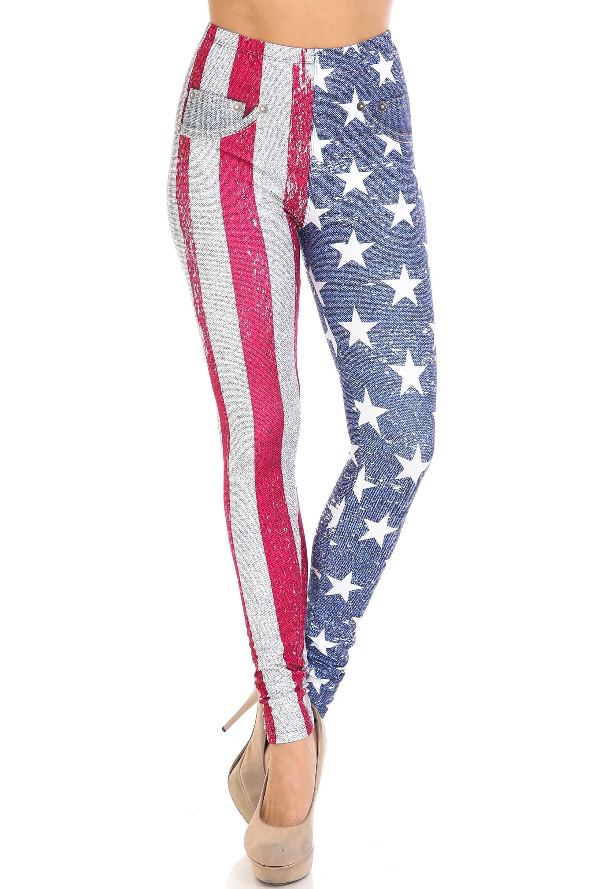 Wholesale Creamy Soft USA Flag Denim Jeans Leggings - USA Fashion