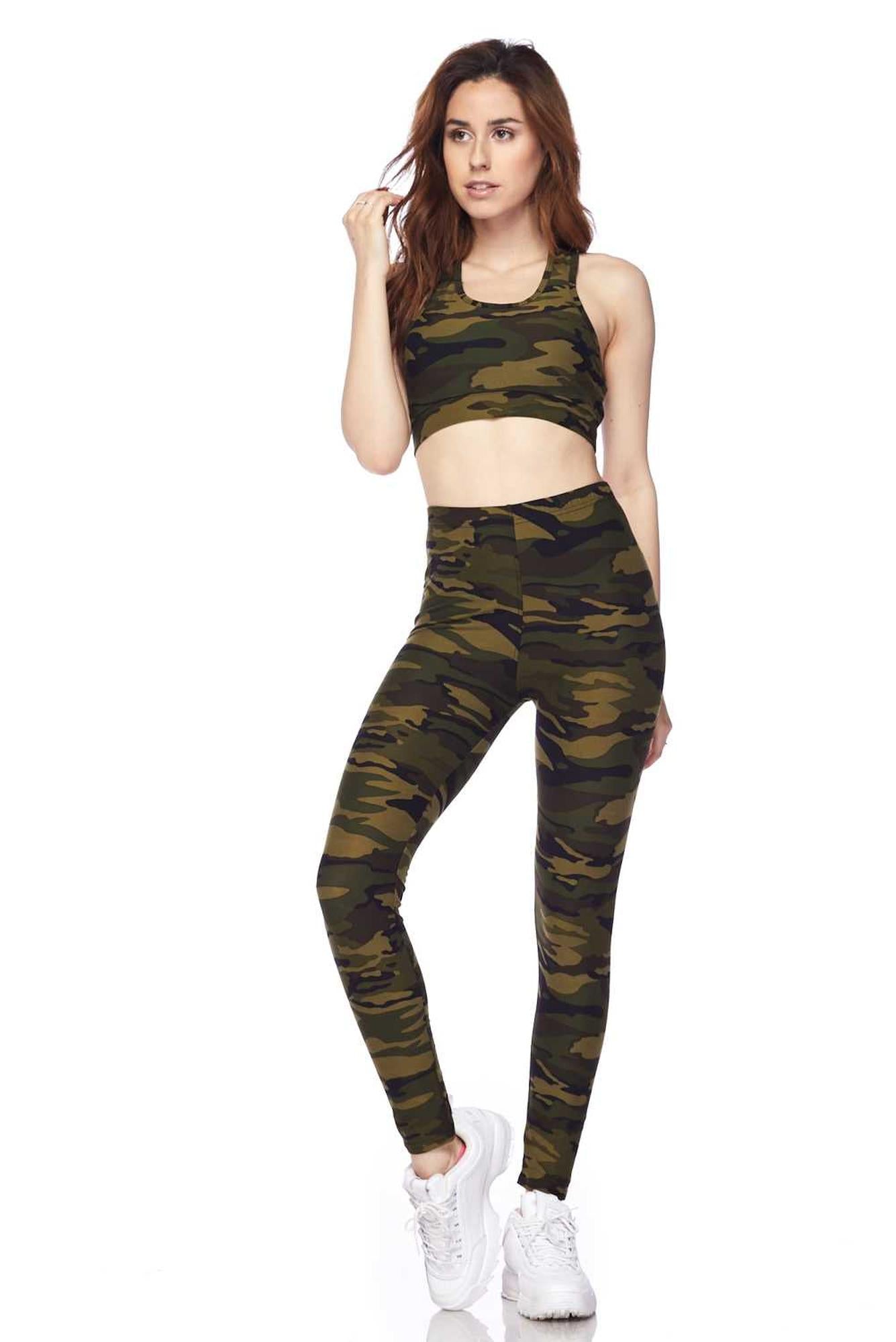Wholesale Buttery Smooth Green Camouflage Leggings and Bra Set