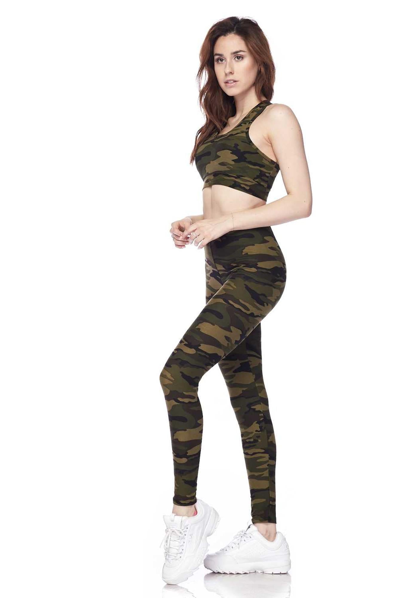 Wholesale Buttery Smooth Green Camouflage Leggings and Bra Set