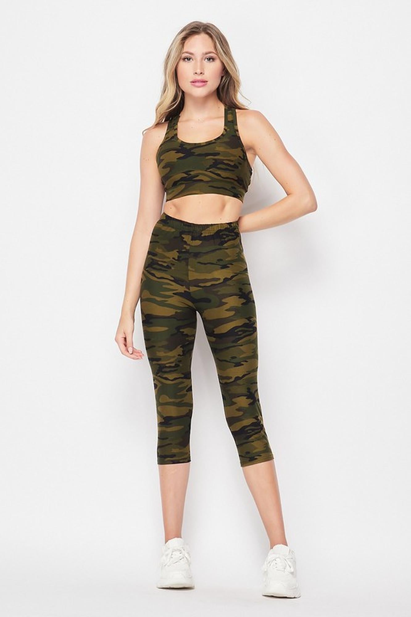 Wholesale 2 Piece Green Camouflage Crop Top and Capris Set