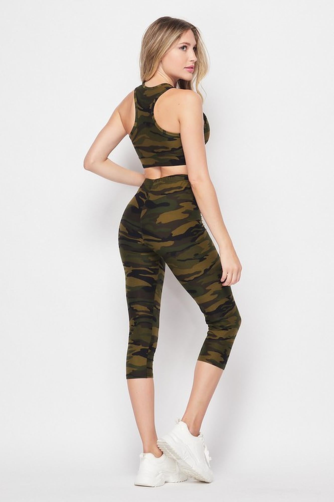 Wholesale 2 Piece Green Camouflage Crop Top and Capris Set