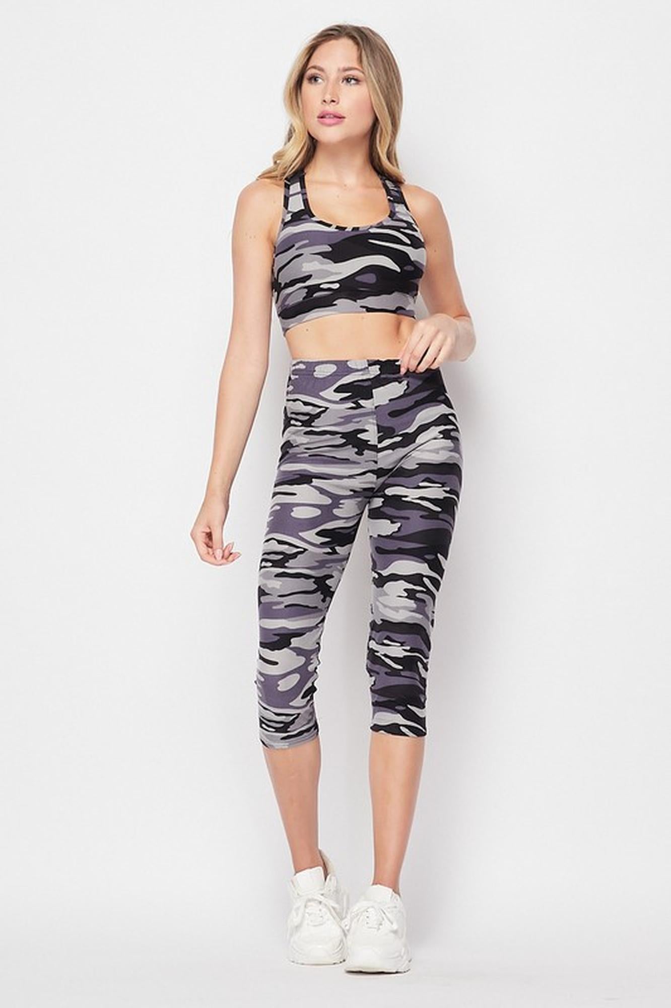 Wholesale 2 Piece Charcoal Camouflage Crop Top and Capris Set