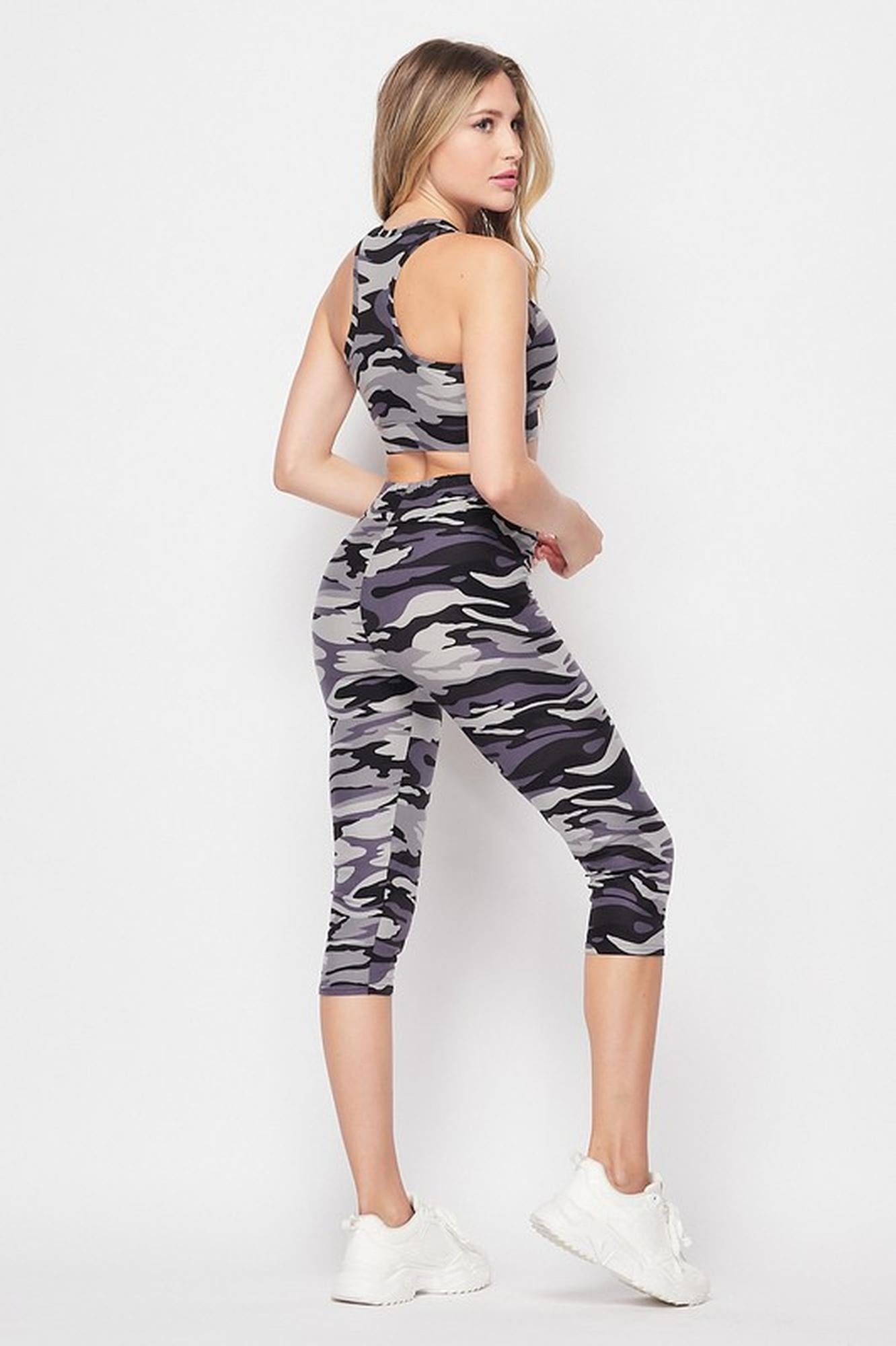 Wholesale 2 Piece Charcoal Camouflage Crop Top and Capris Set