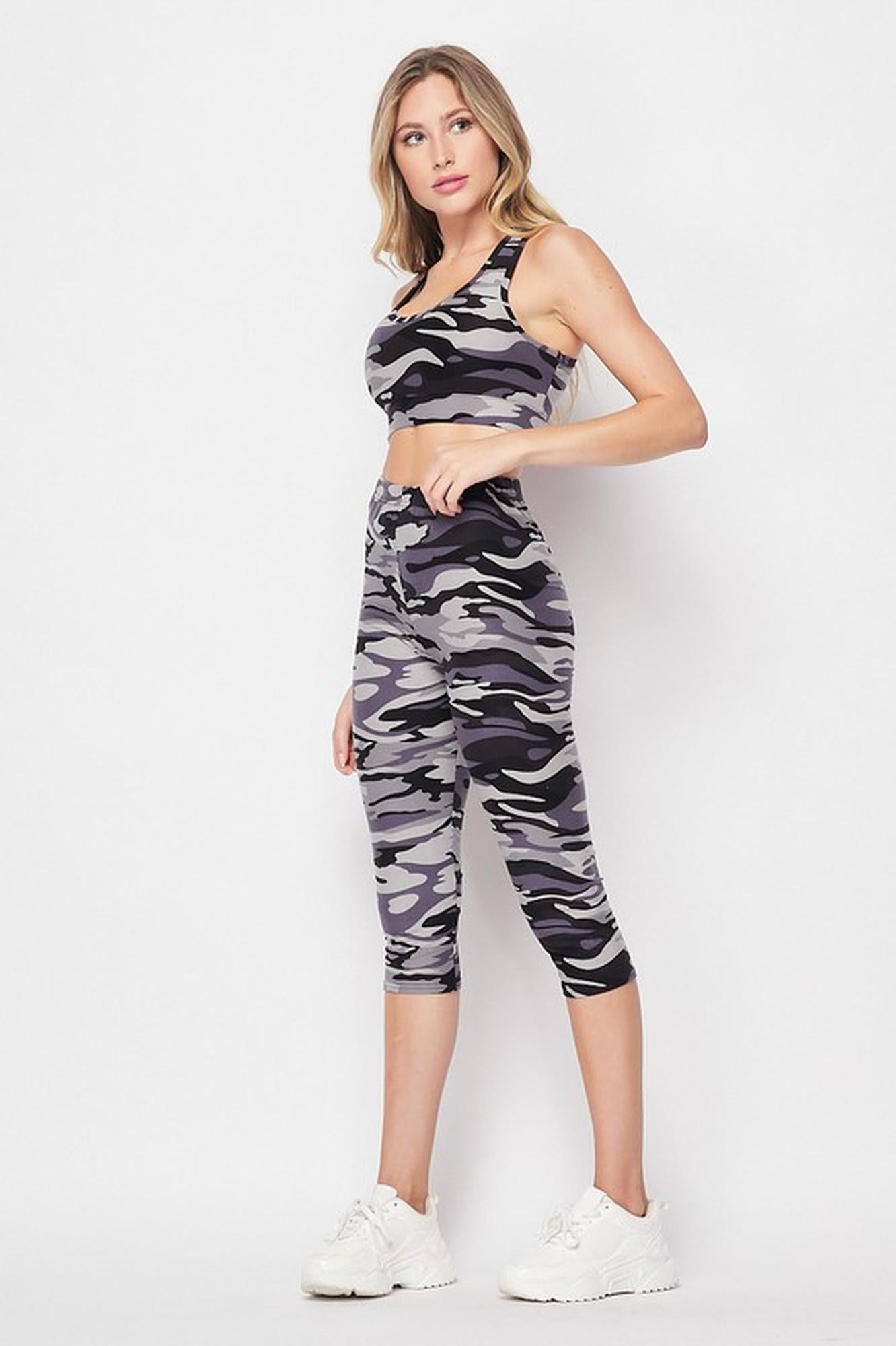 Wholesale 2 Piece Charcoal Camouflage Crop Top and Capris Set