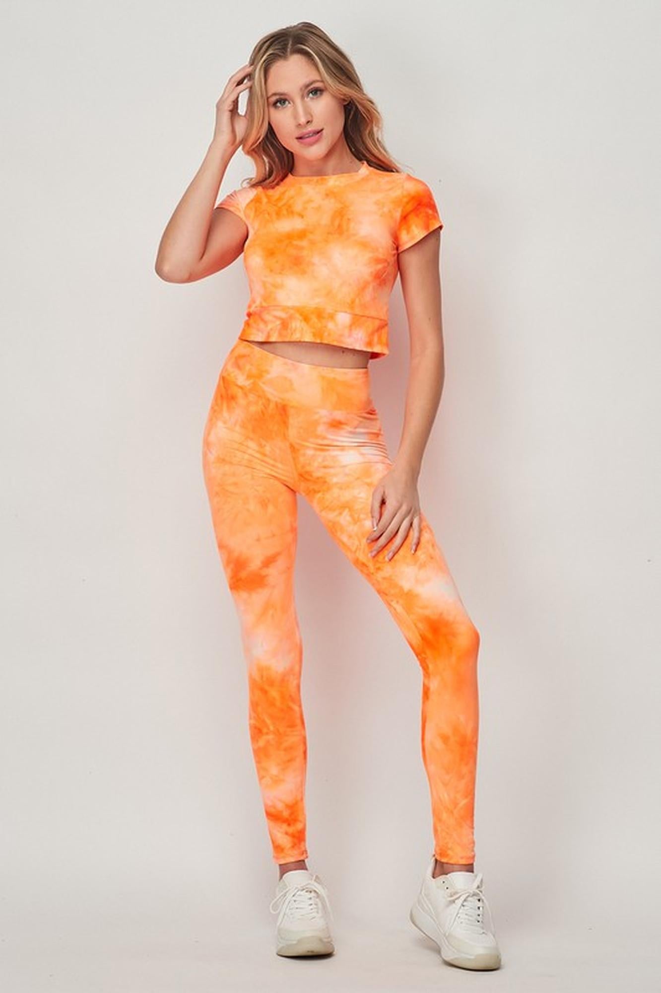 Wholesale Tie Dye 2 Piece Leggings and Short Sleeve Crop Top Set