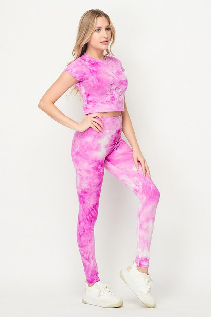 Wholesale Tie Dye 2 Piece Leggings and Short Sleeve Crop Top Set