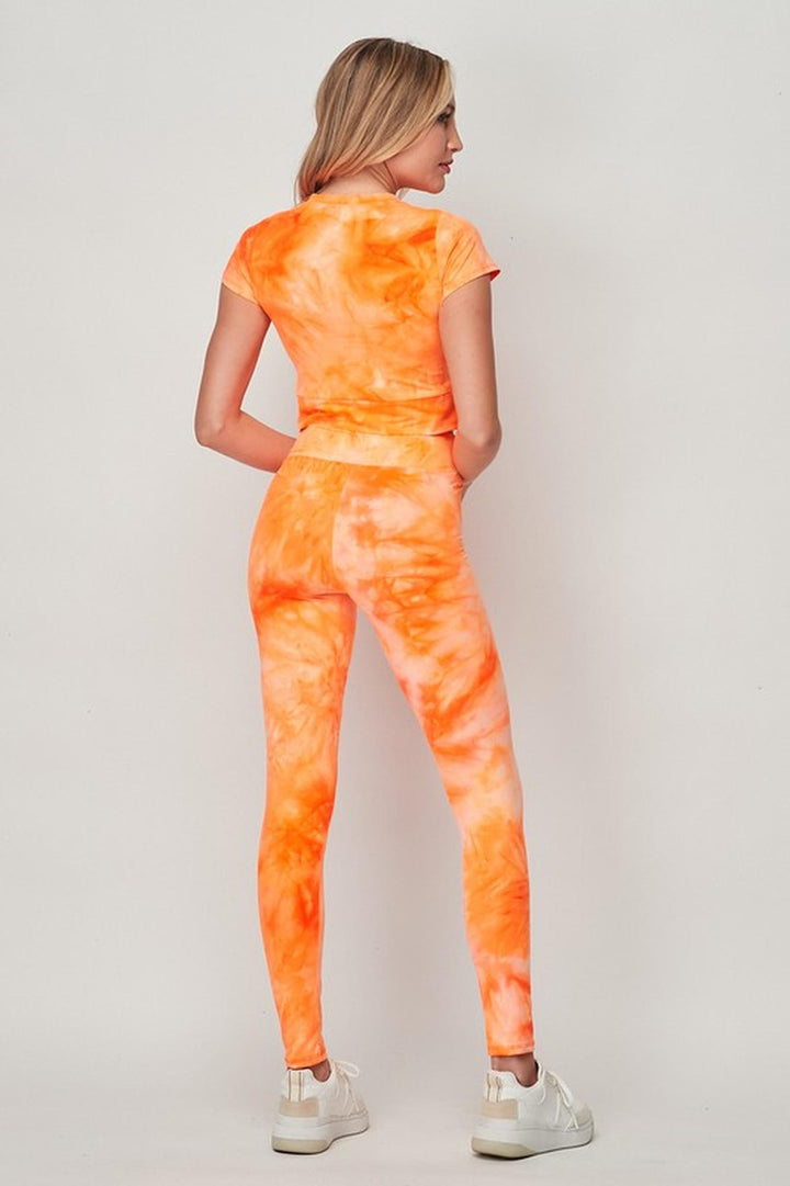 Wholesale Tie Dye 2 Piece Leggings and Short Sleeve Crop Top Set
