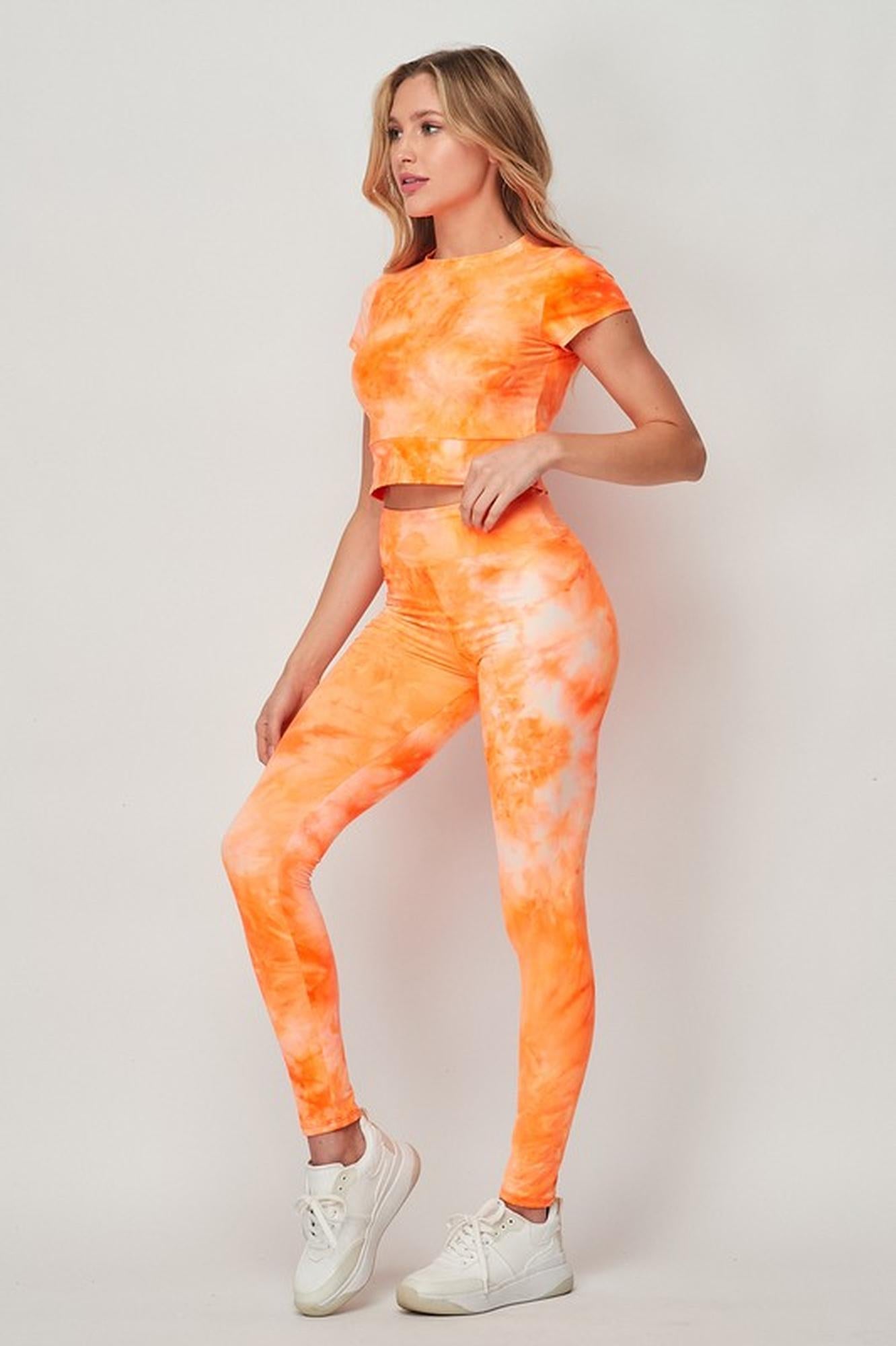 Wholesale Tie Dye 2 Piece Leggings and Short Sleeve Crop Top Set