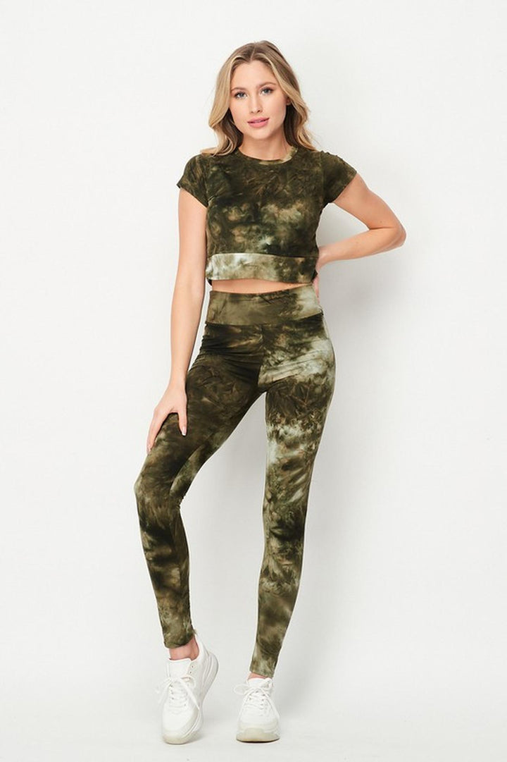 Wholesale Tie Dye 2 Piece Leggings and Short Sleeve Crop Top Set