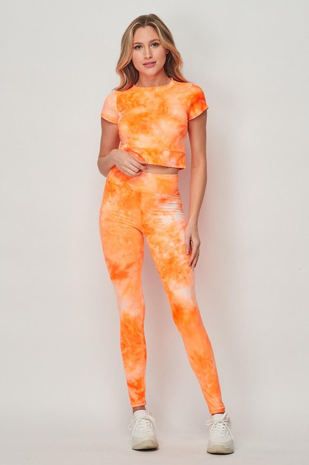Wholesale Tie Dye 2 Piece Leggings and Short Sleeve Crop Top Set