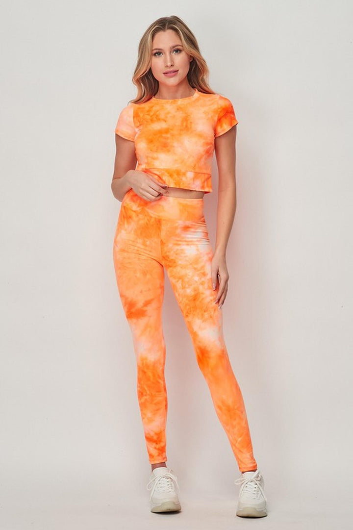 Wholesale Tie Dye 2 Piece Leggings and Short Sleeve Crop Top Set