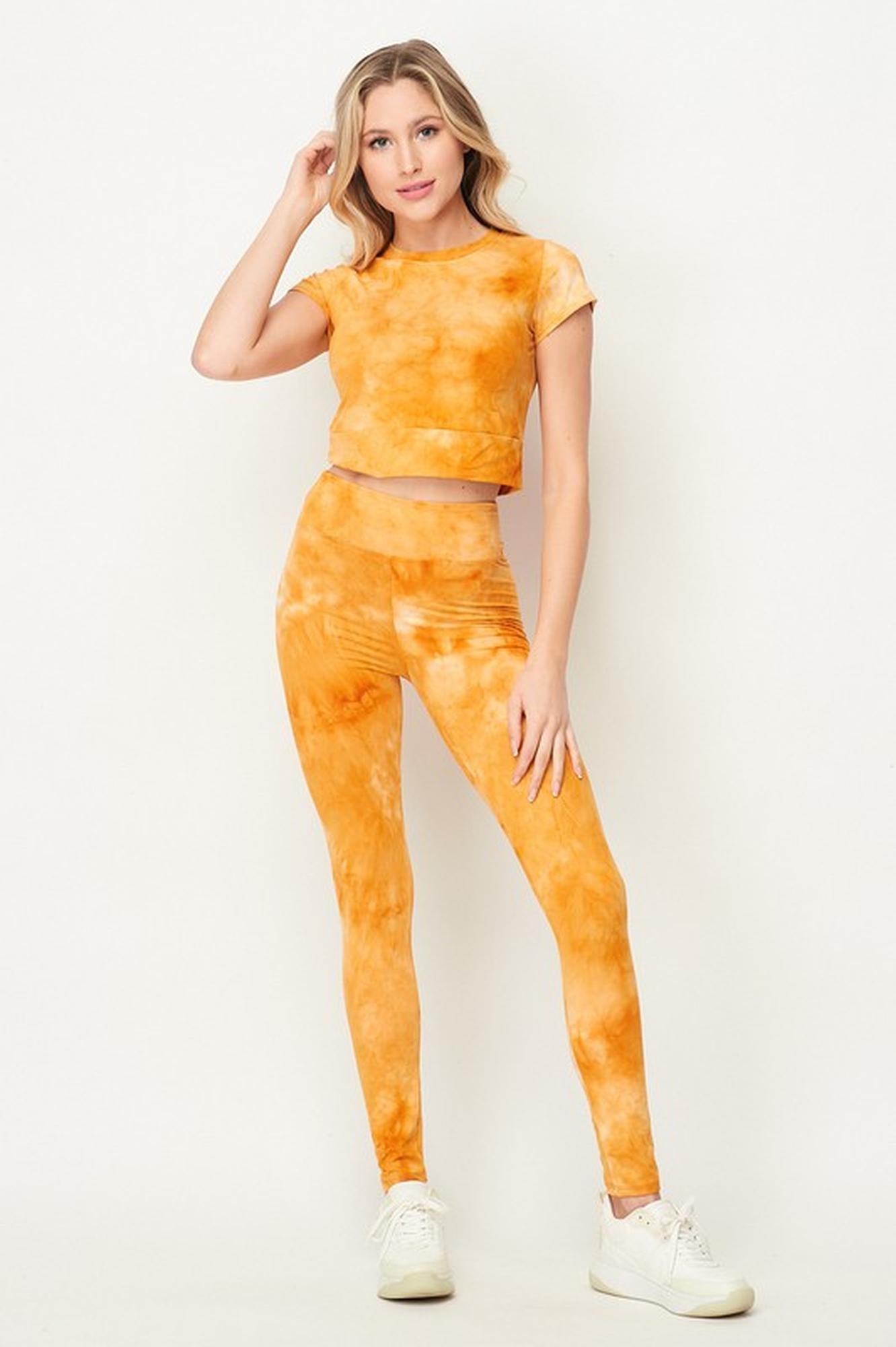 Wholesale Tie Dye 2 Piece Leggings and Short Sleeve Crop Top Set