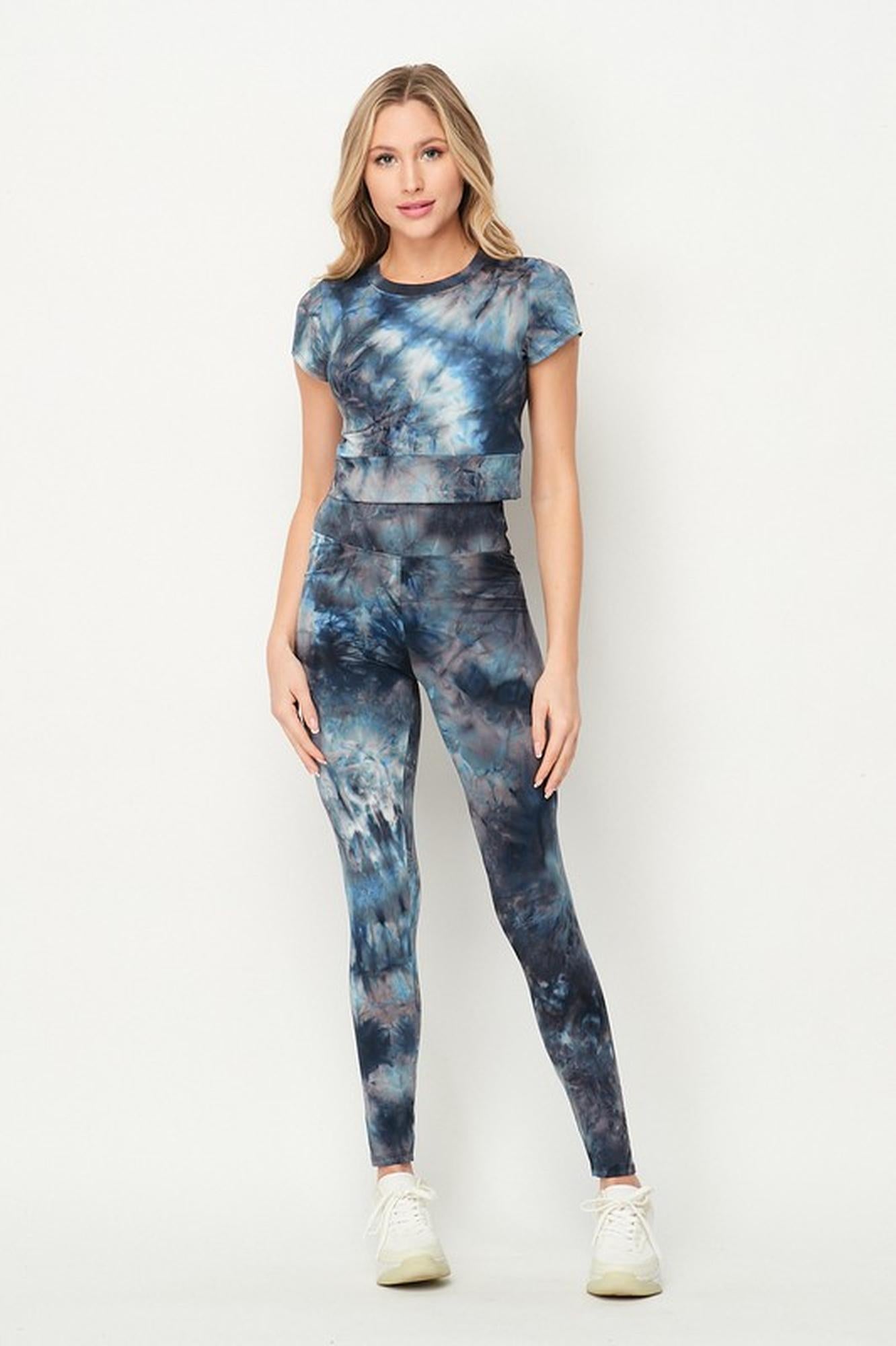 Wholesale Tie Dye 2 Piece Leggings and Short Sleeve Crop Top Set