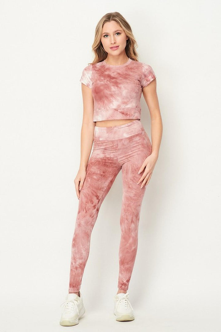 Wholesale Tie Dye 2 Piece Leggings and Short Sleeve Crop Top Set