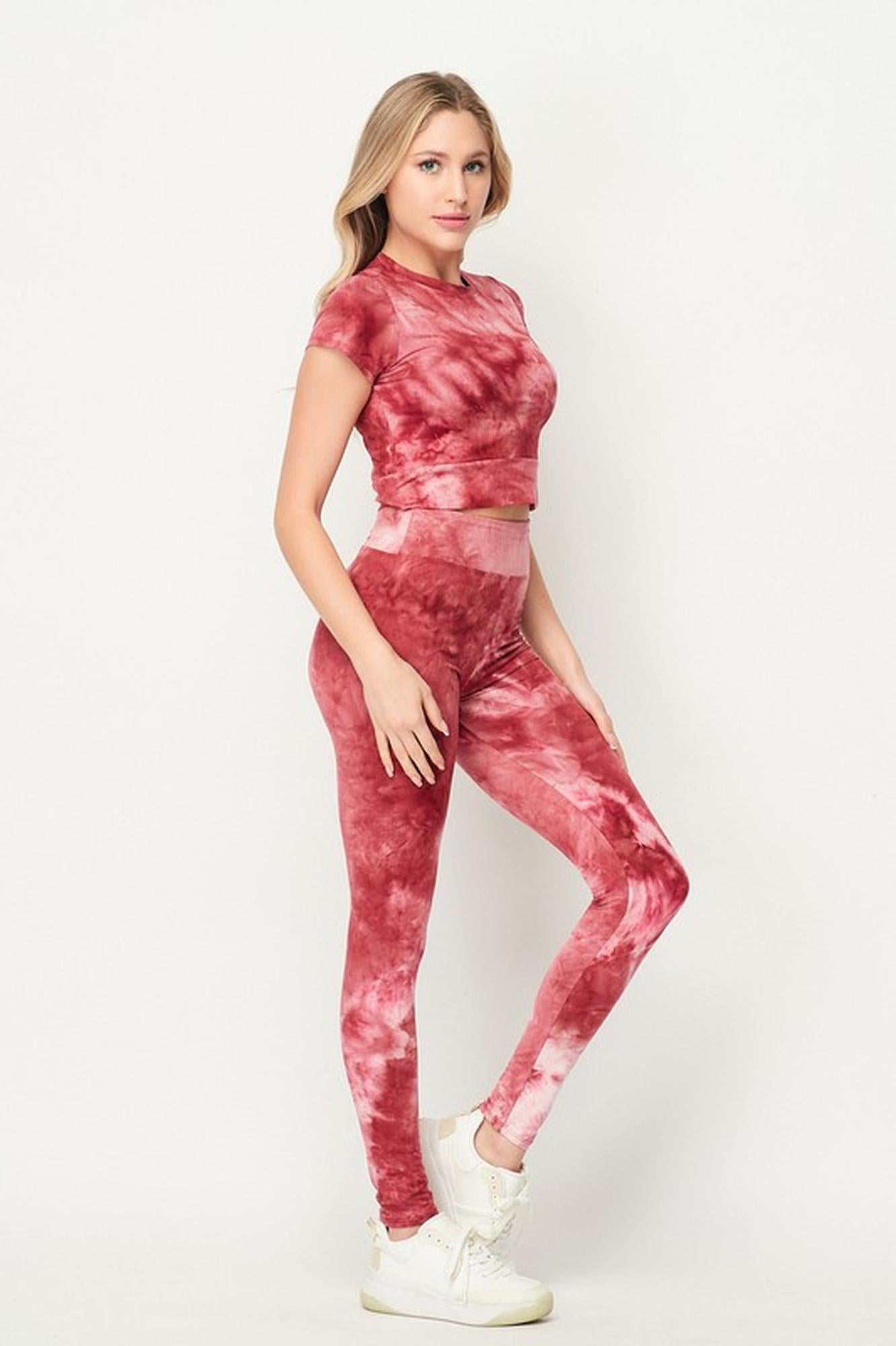 Wholesale Tie Dye 2 Piece Leggings and Short Sleeve Crop Top Set