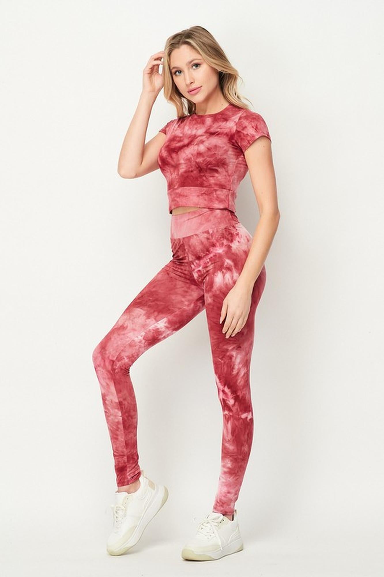 Wholesale Tie Dye 2 Piece Leggings and Short Sleeve Crop Top Set