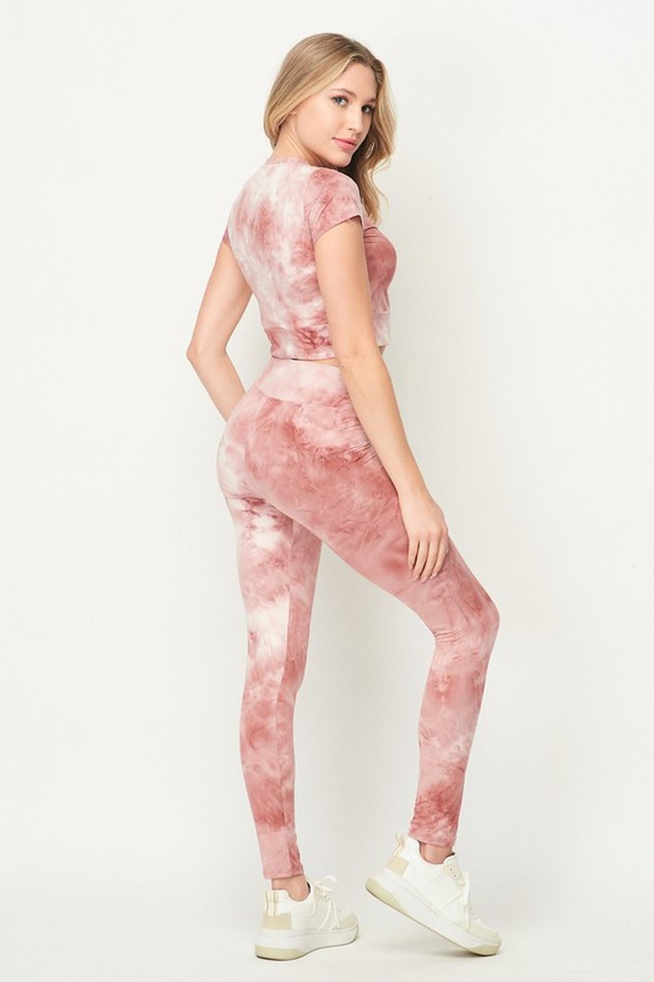Wholesale Tie Dye 2 Piece Leggings and Short Sleeve Crop Top Set