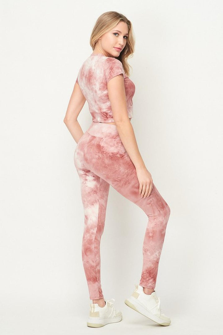 Wholesale Tie Dye 2 Piece Leggings and Short Sleeve Crop Top Set