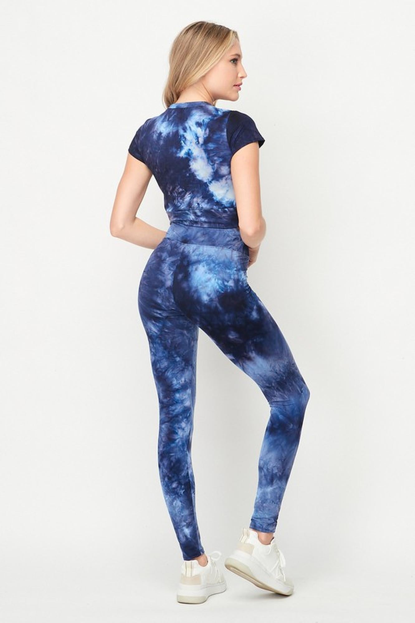 Wholesale Tie Dye 2 Piece Leggings and Short Sleeve Crop Top Set
