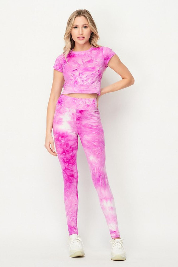 Wholesale Tie Dye 2 Piece Leggings and Short Sleeve Crop Top Set