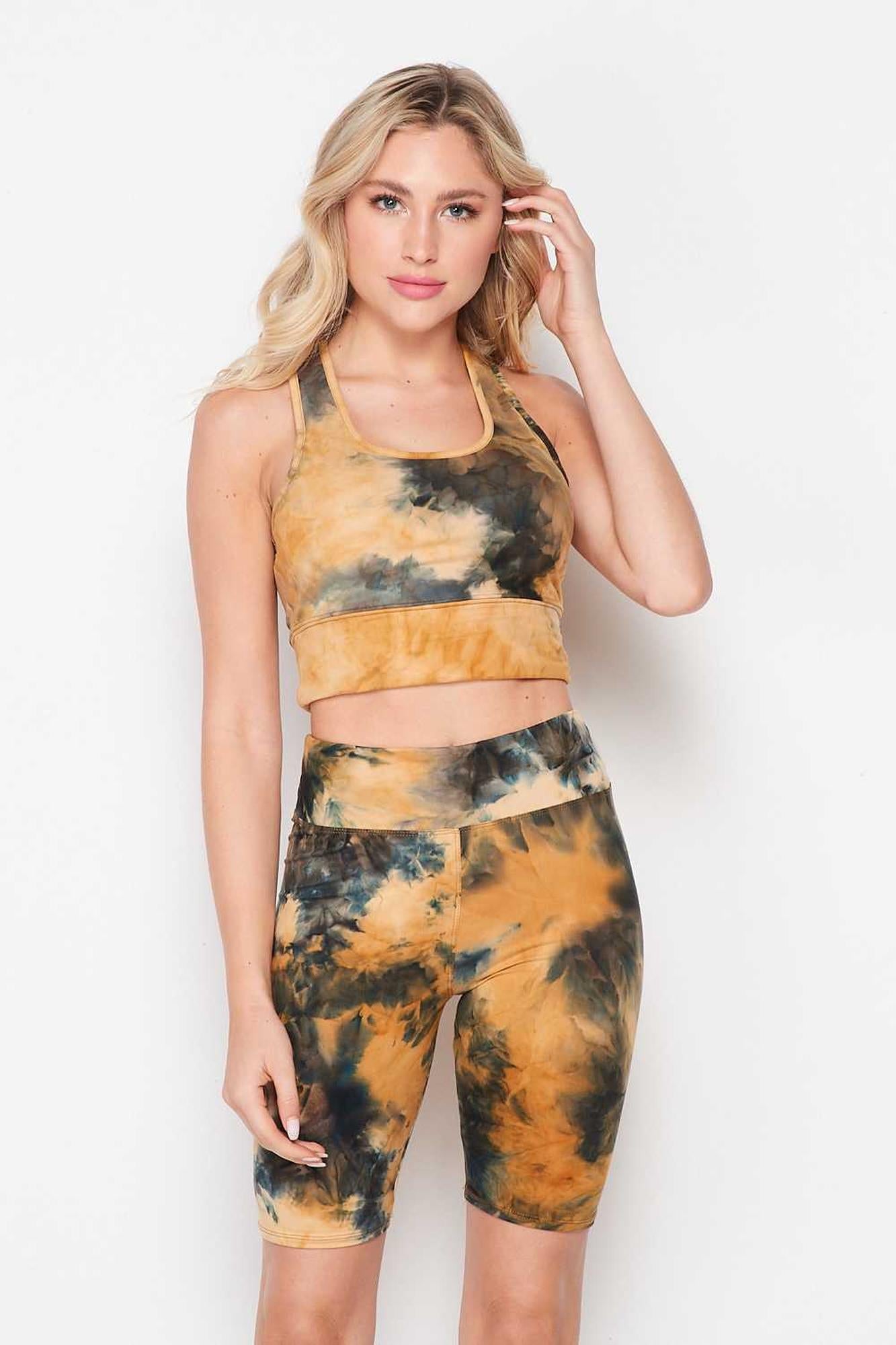 Wholesale Tie Dye 2 Piece High Waisted Biker Shorts and Crop Top Set
