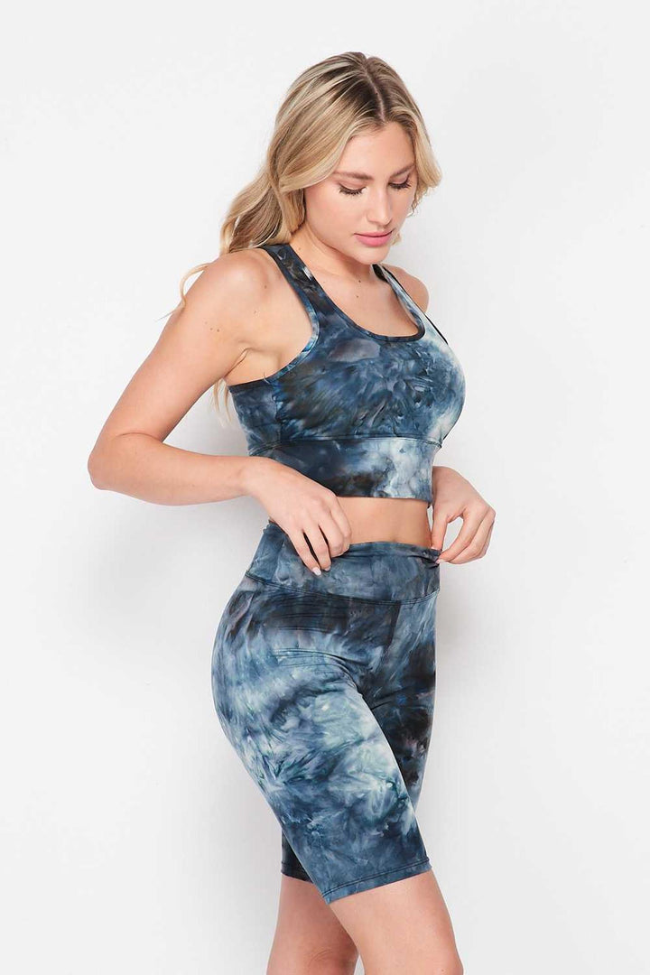 Wholesale Tie Dye 2 Piece High Waisted Biker Shorts and Crop Top Set