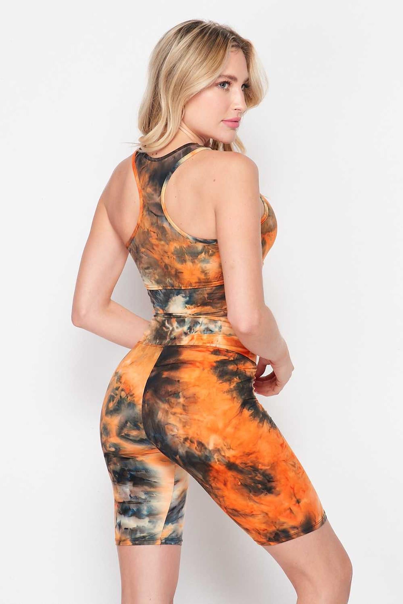 Wholesale Tie Dye 2 Piece High Waisted Biker Shorts and Crop Top Set