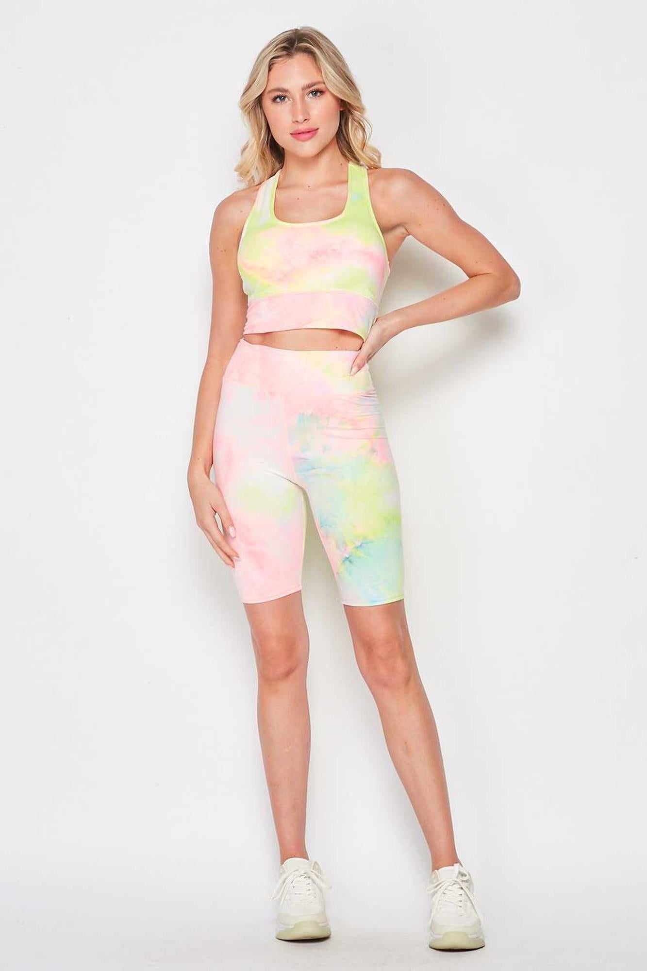 Wholesale Tie Dye 2 Piece High Waisted Biker Shorts and Crop Top Set