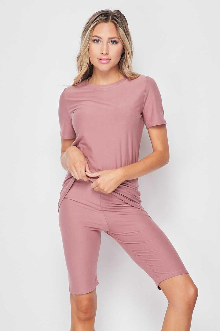 Wholesale 2 Piece Buttery Smooth Basic Solid Biker Shorts and T-Shirt Set