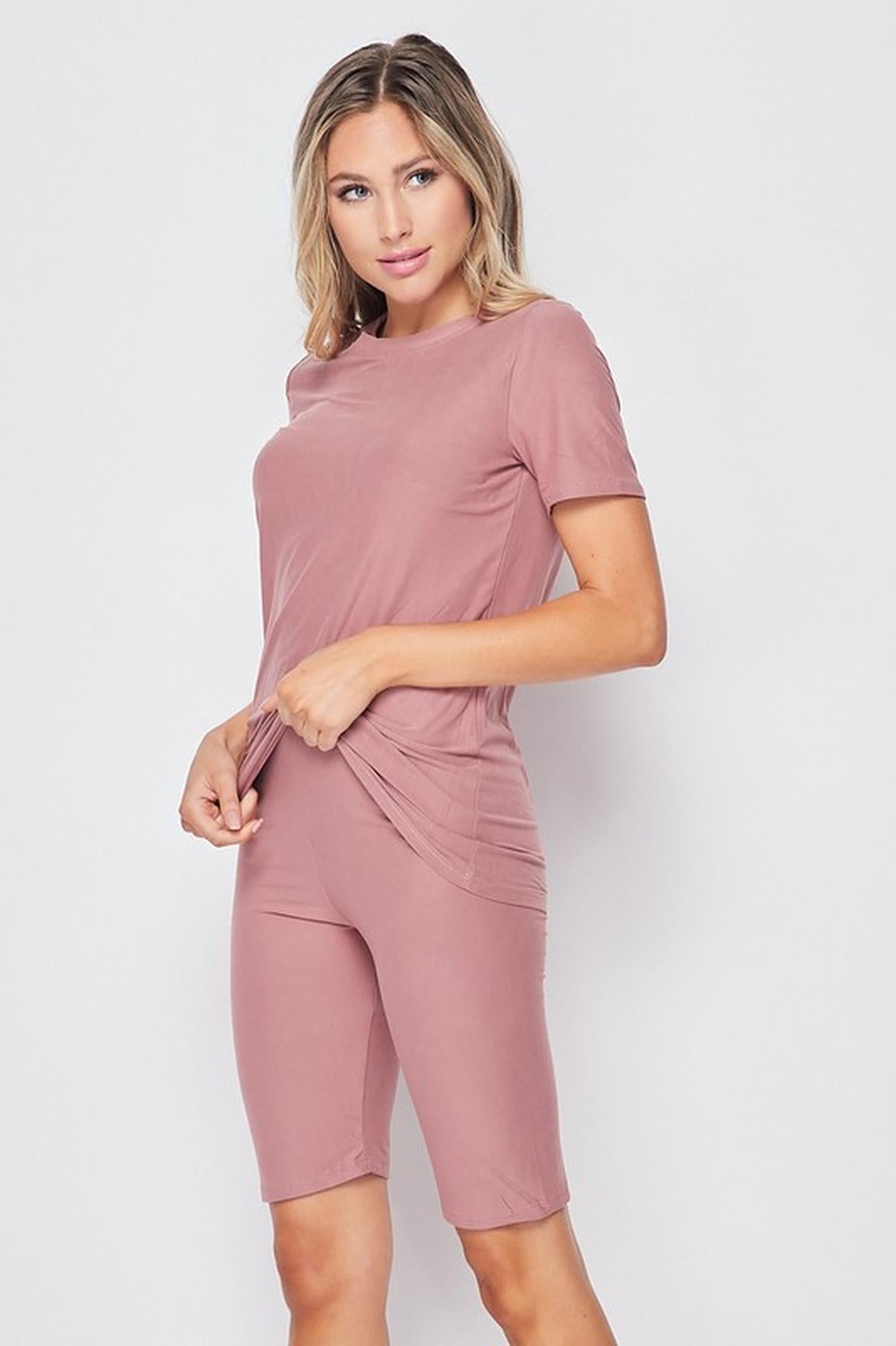 Wholesale 2 Piece Buttery Smooth Basic Solid Biker Shorts and T-Shirt Set