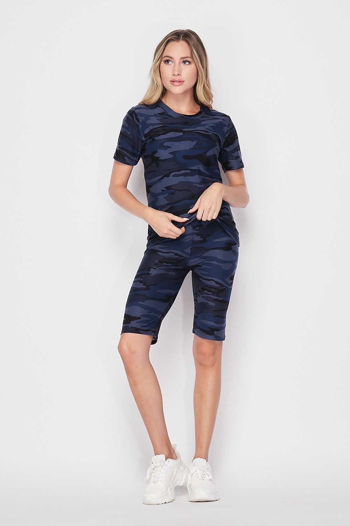 Wholesale 2 Piece Buttery Smooth Navy Camouflage Biker Shorts and T-Shirt Set