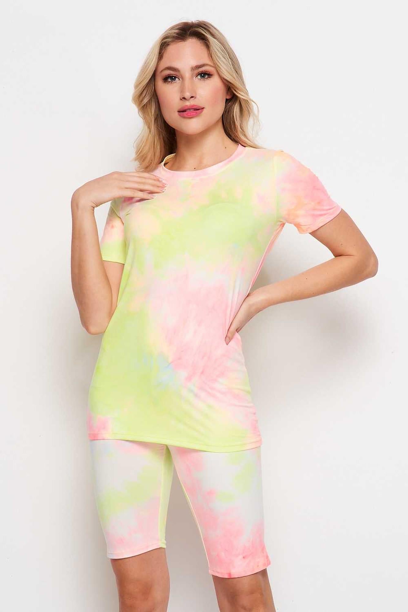 Wholesale 2 Piece Buttery Smooth Pink and Yellow Tie Dye Biker Shorts and T-Shirt Set