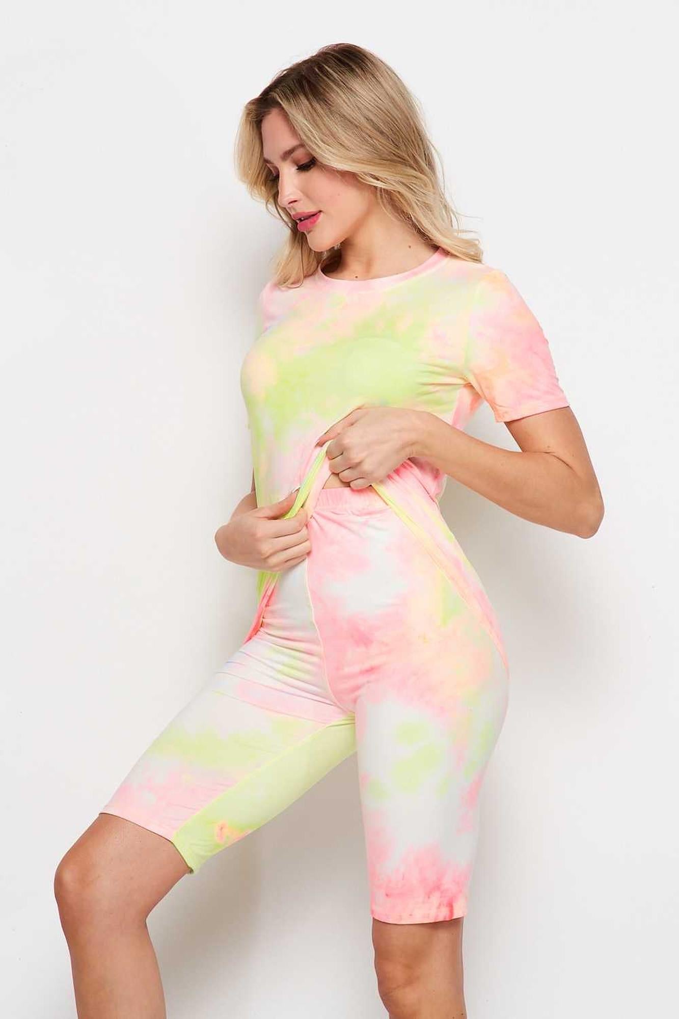 Wholesale 2 Piece Buttery Smooth Pink and Yellow Tie Dye Biker Shorts and T-Shirt Set