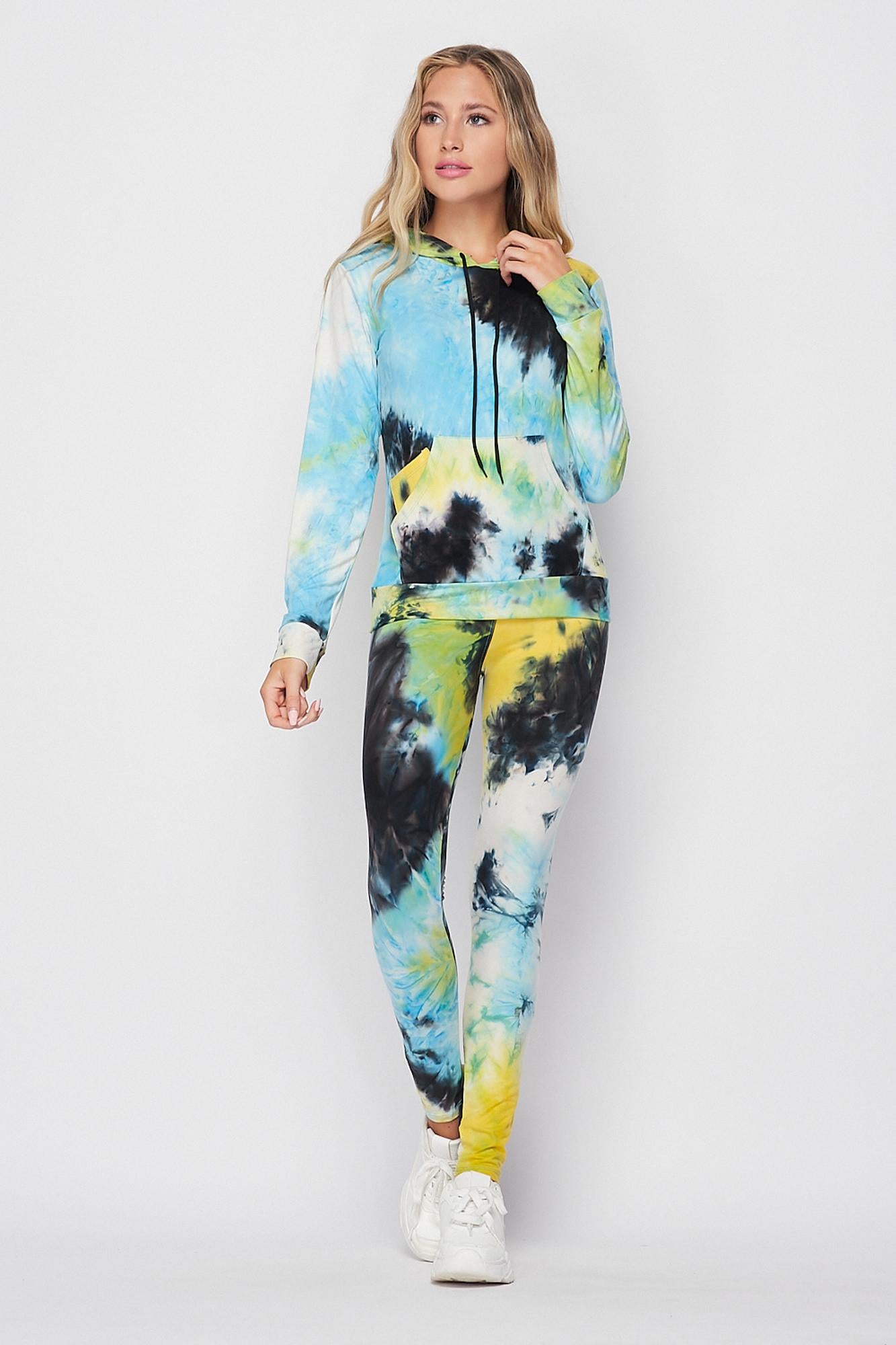 Wholesale Tie Dye 2 Piece Leggings and Hooded Jacket Set