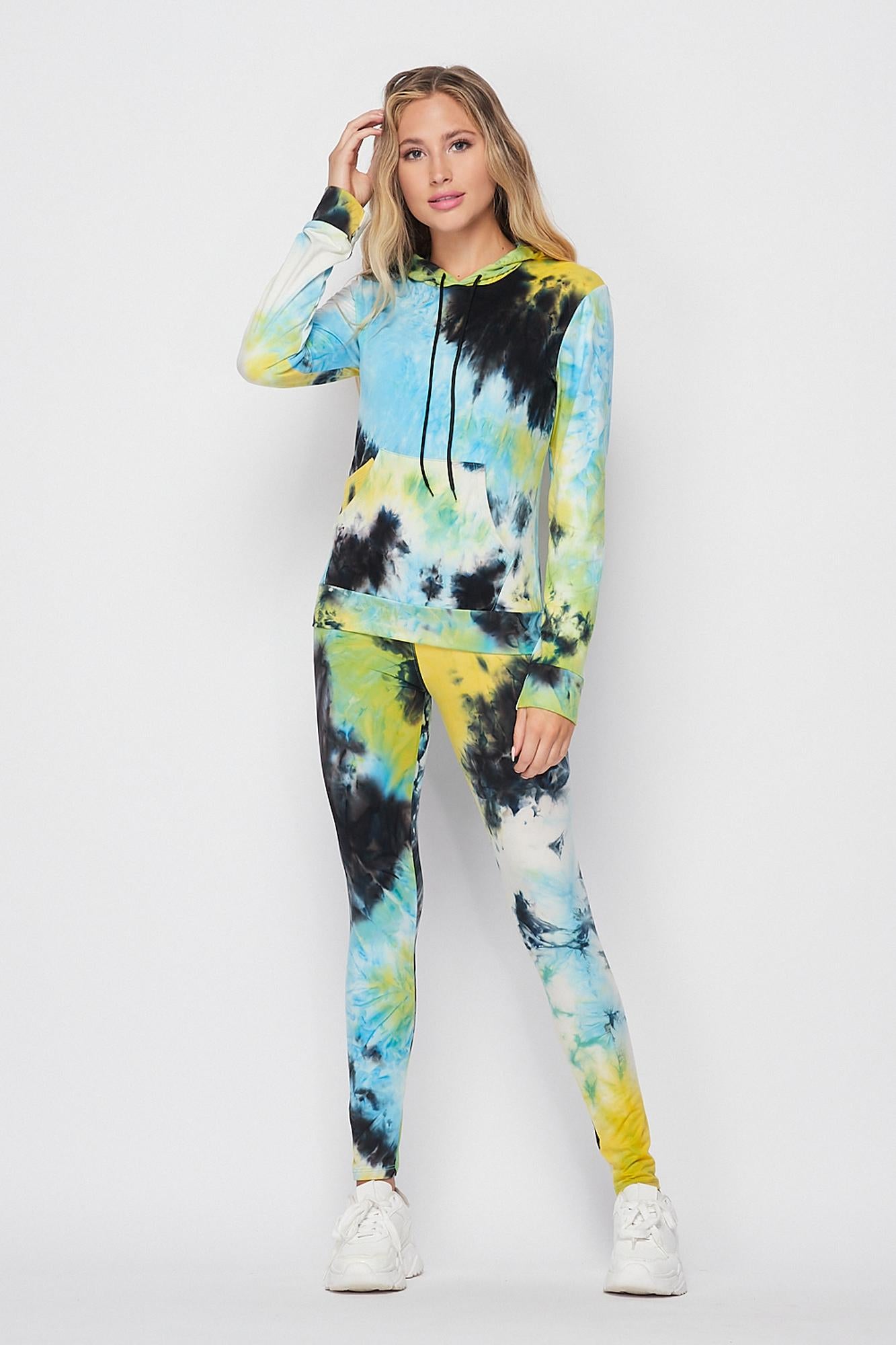 Wholesale Tie Dye 2 Piece Leggings and Hooded Jacket Set