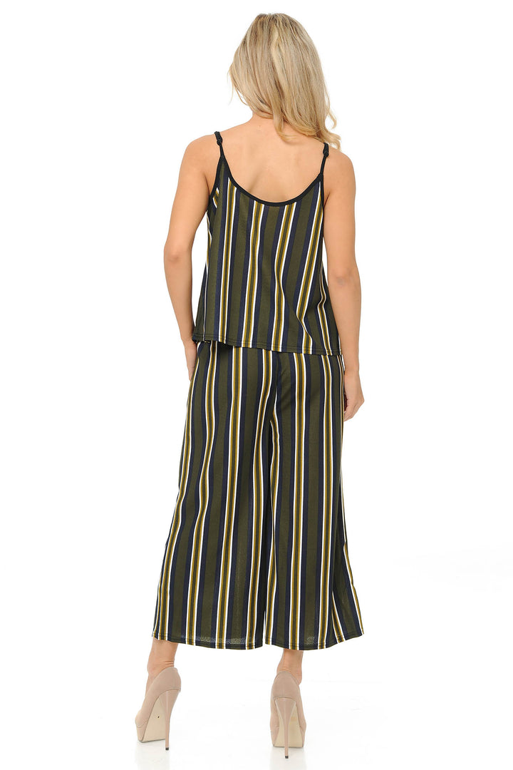 Wholesale Olive Stripes Summer Palazzo Capri and Spaghetti Tank Top Set