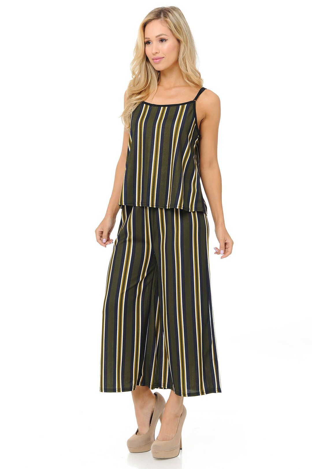 Wholesale Olive Stripes Summer Palazzo Capri and Spaghetti Tank Top Set