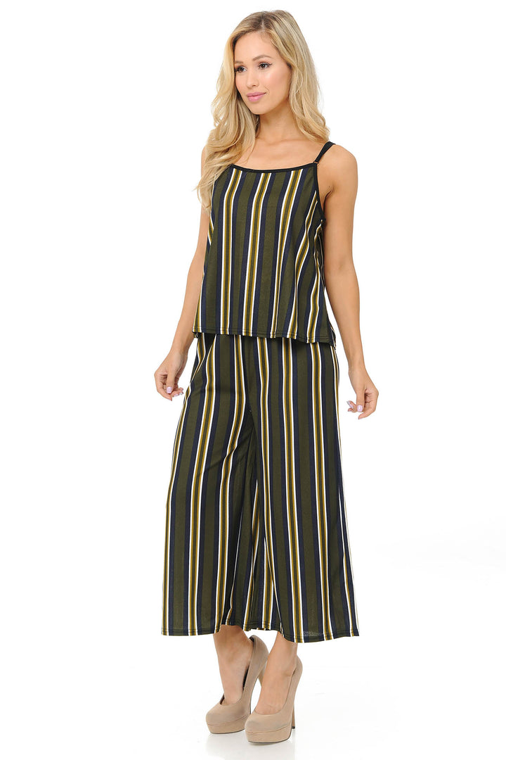 Wholesale Olive Stripes Summer Palazzo Capri and Spaghetti Tank Top Set