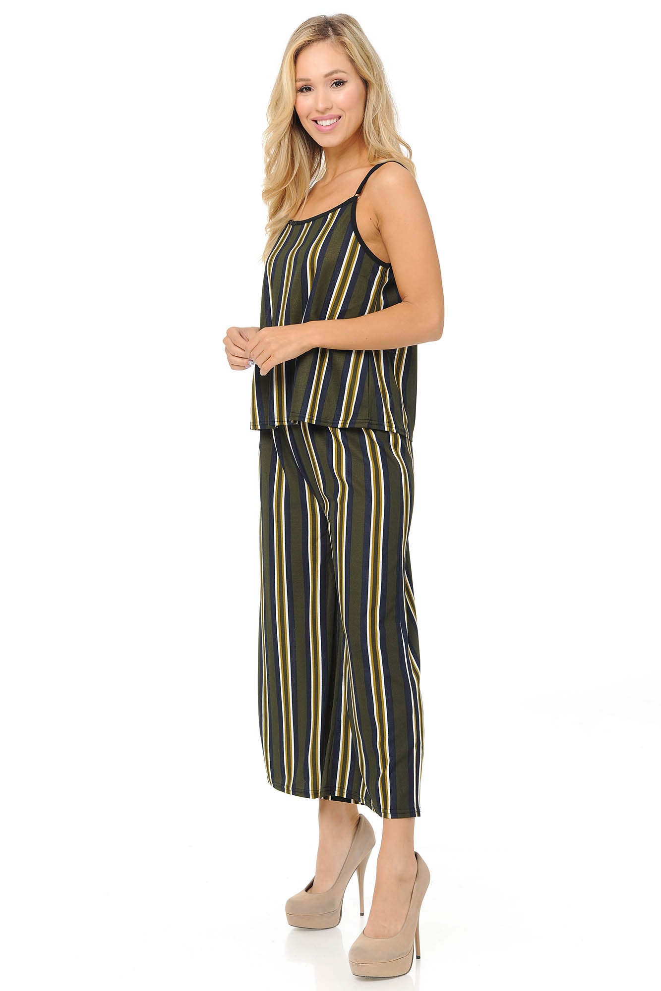 Wholesale Olive Stripes Summer Palazzo Capri and Spaghetti Tank Top Set