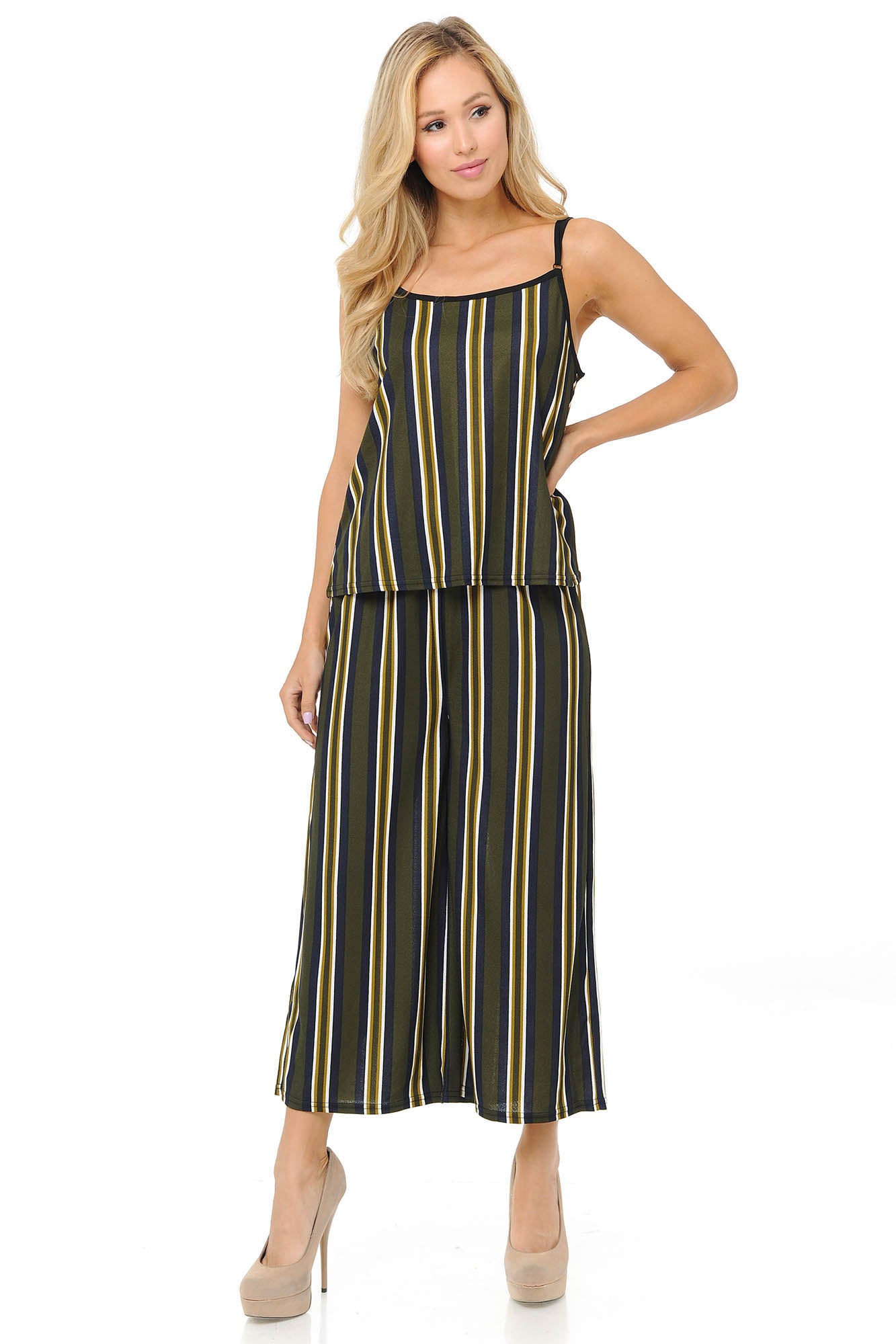 Wholesale Olive Stripes Summer Palazzo Capri and Spaghetti Tank Top Set